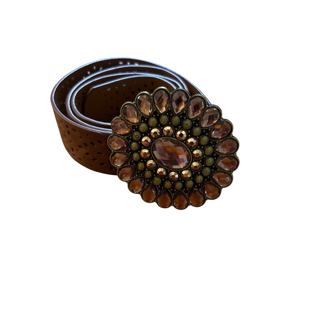 Belt Women Brown Perforated Statement Crystal Buckle Boho SIZE 36in